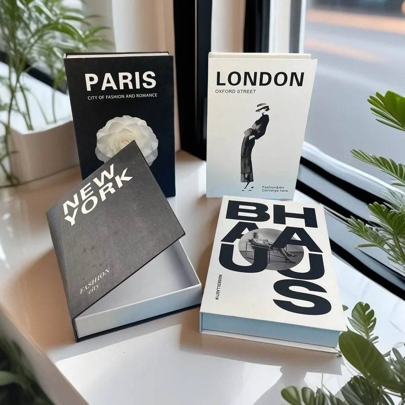 

Open Fashion Paris London Luxury Fake Books Interior Decoration Decorative Books Storage Box Coffee Table Shelf Ornament Decor