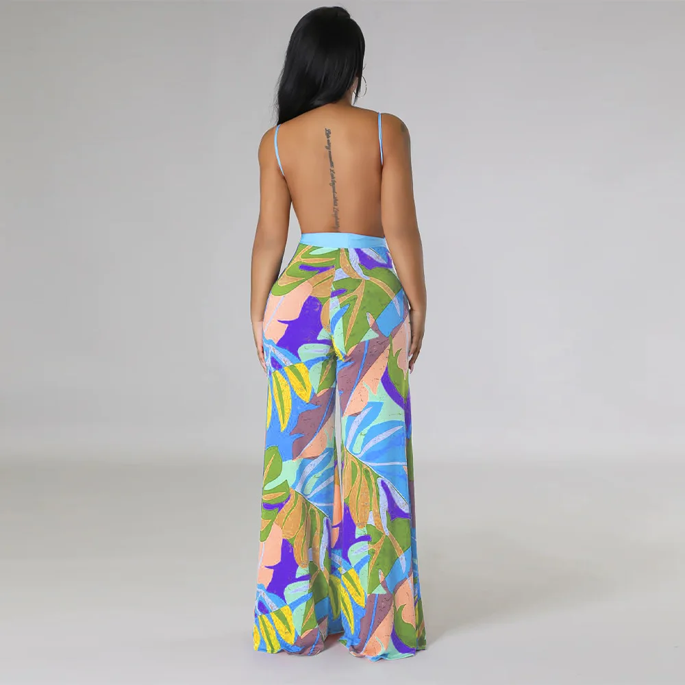 Women Patchwork Spaghetti Strap Backless Sleeveless Jumpsuit Sexy Deep V Summer Beach Wear Wide-Leg Pants Jumpsuit