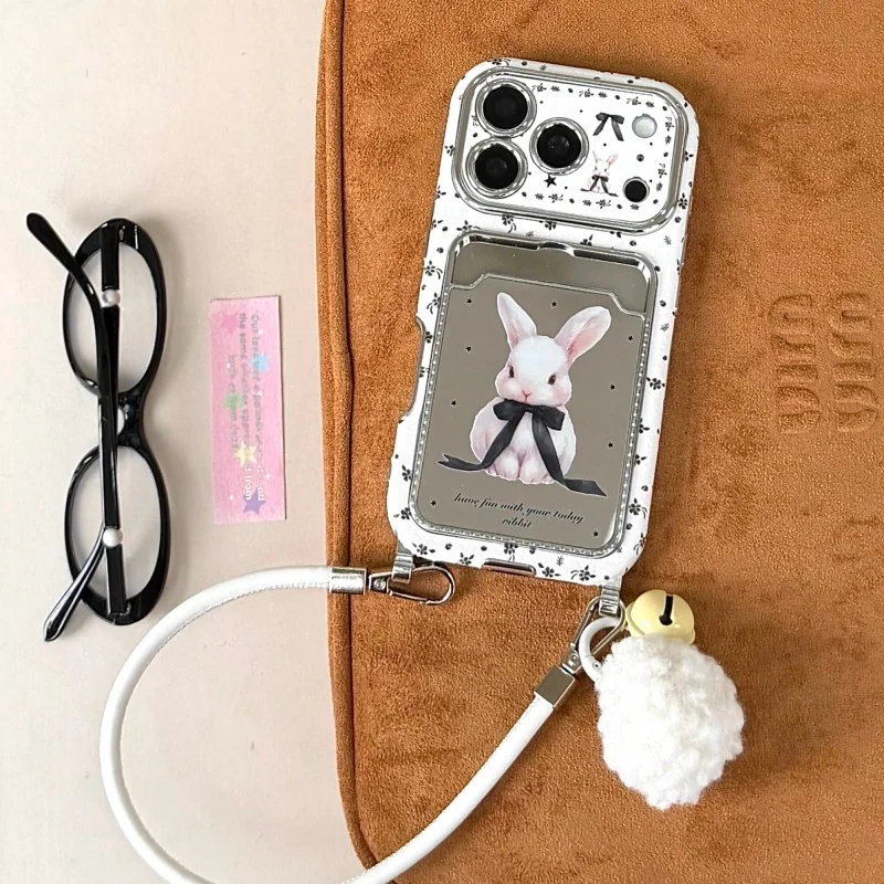 

Kawaii Cartoon Bowknot Rabbit Card Slot Phone Case For iPhone 17 Pro 15 14 16 Pro Max Cover with Pendant Hand Rope Shockproof Fu