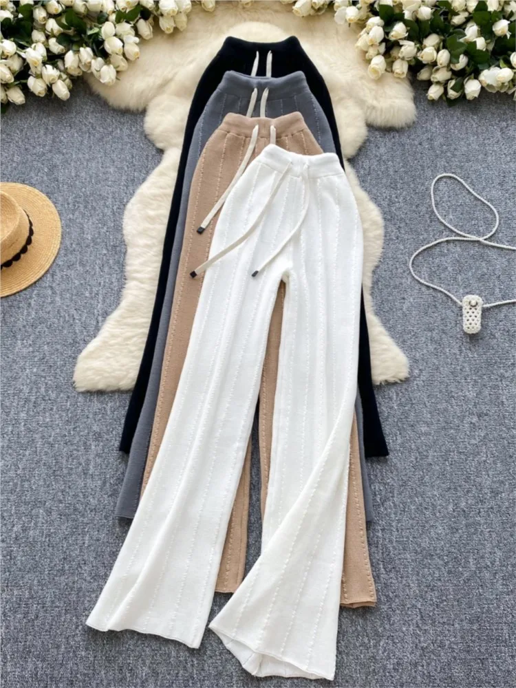 Autumn Women Knitted Drawstring Wide Leg Pants Casual Female Elegant High Waist Street Style Solid Trousers New Fashion