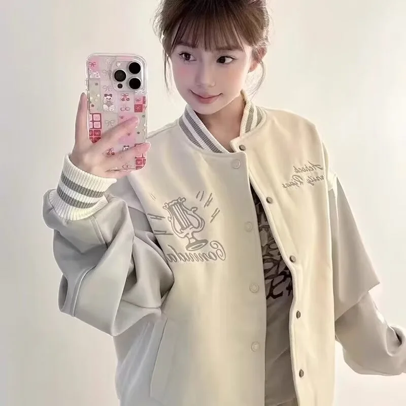 Mrs. WH American Retro Style Stand Collar Baseball Jacket Women's Color Block Embroidery Loose Cotton Outerwear Casual Fashion