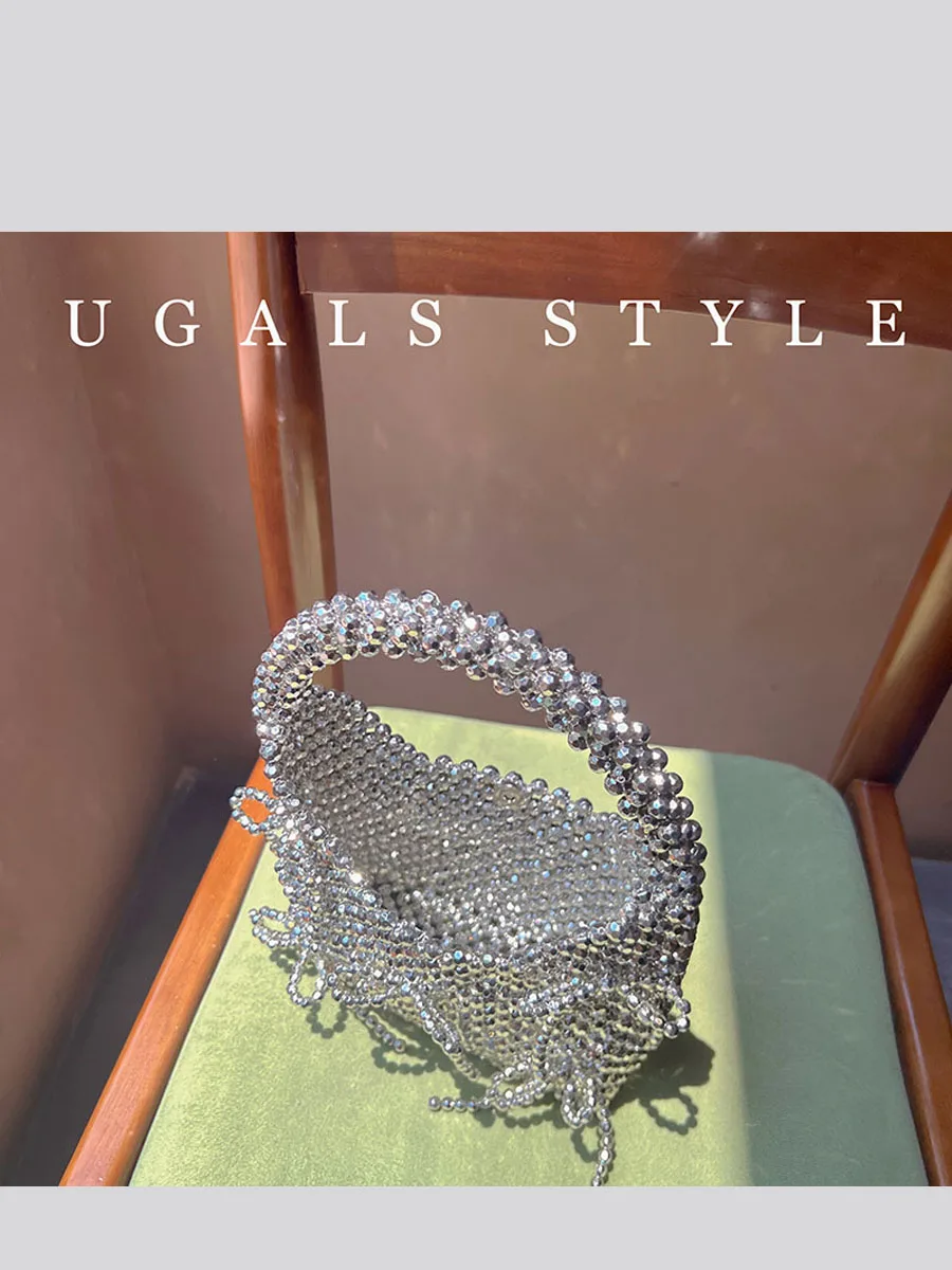 UGALS Retro Metal  Knot Handwoven Pearl Saddle Bag Evening Dumpling Handheld Bag Chinese New Style Single Shoulder