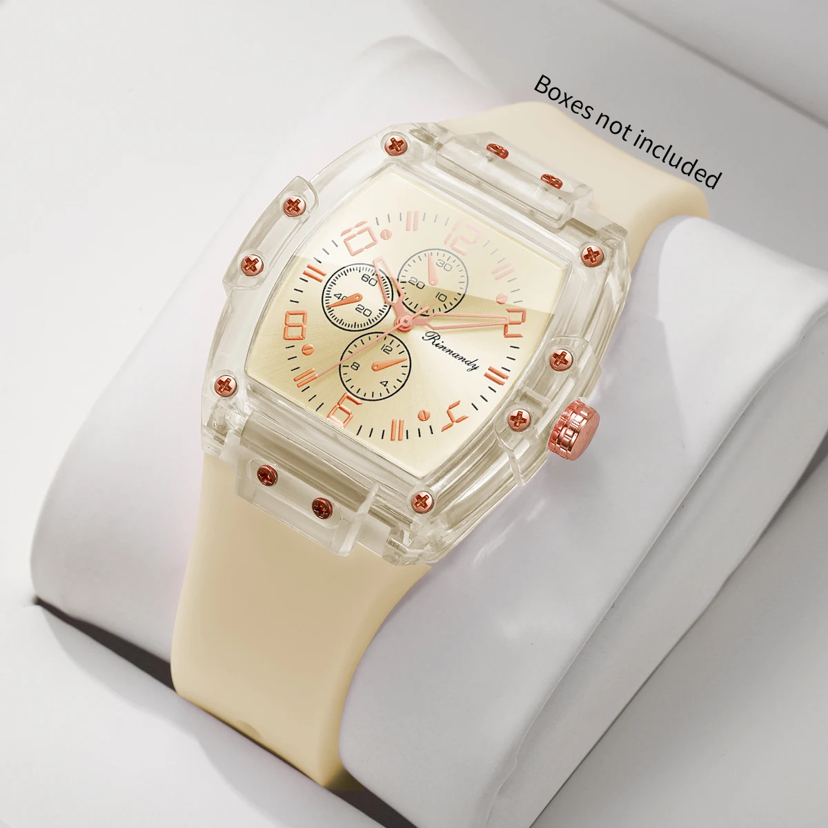 Fashion Unisex Tonneau Quartz Watch Transparent Beige Silicone Strap Women Sports Wristwatches Relogio Feminino（Without Box）