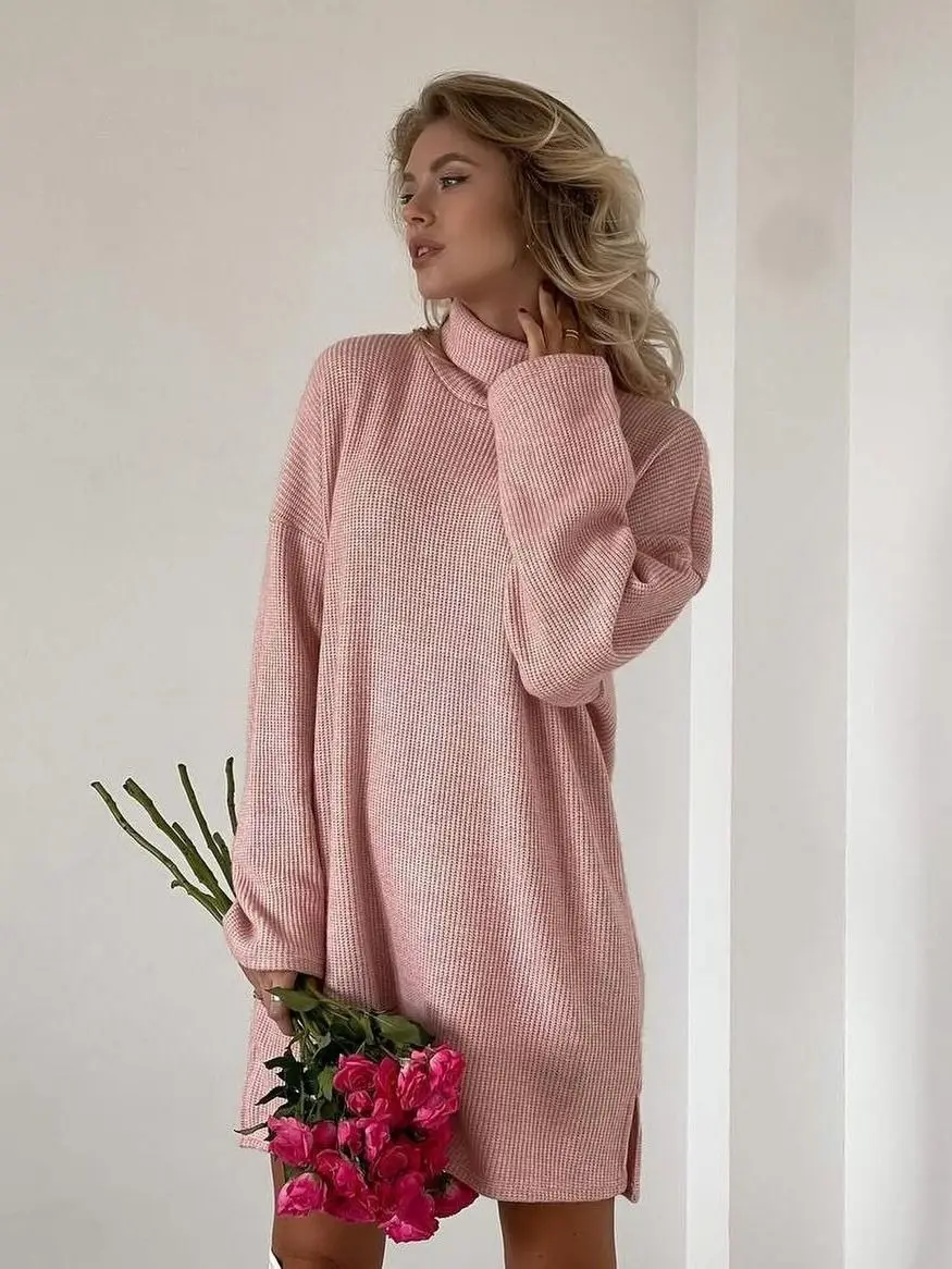 Abito corto a maniche lunghe con colletto semi-alto tinta unita pullover in maglia ampia divisa primavera e autunno 2025