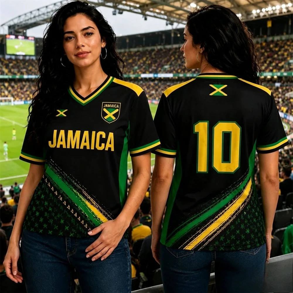 Jamaica Soccer Jersey Fan Shirt Fashion Casual Streetwear Breathable Quick Drying Short Sleeved Summer Women T-Shirt V-neck Top