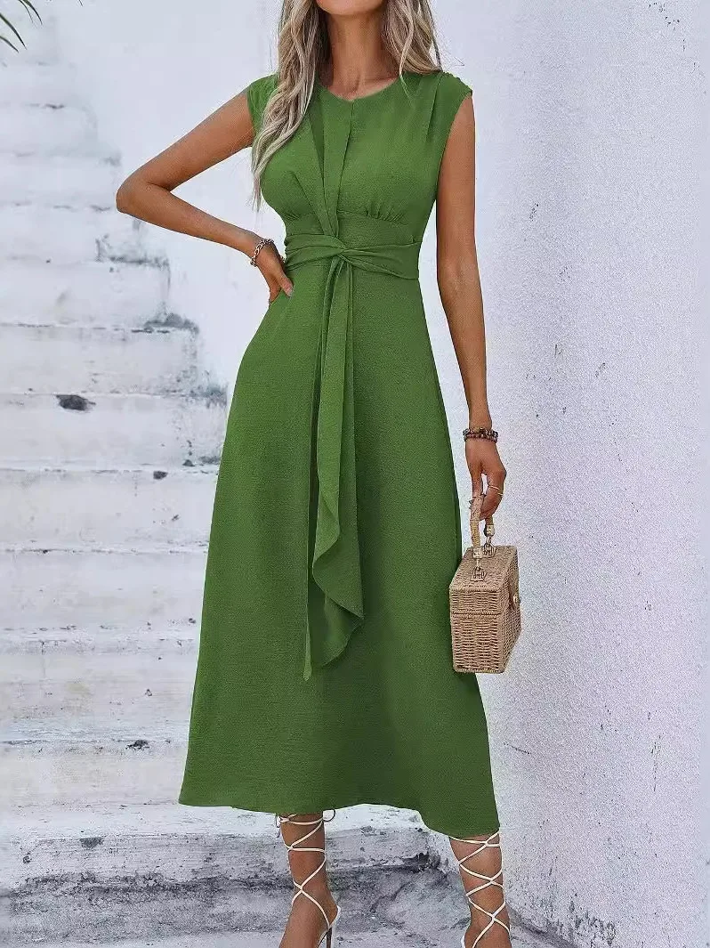 Tie-Detail round Ne Svel Long Dr Pure Color Street Sle Elastic Waist A-Line Skirt Polyester Fiber Summer Dr