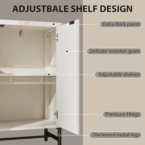 Aparador grande estriado con estantes ajustables, credenza blanca de 65' para salón o pasillo