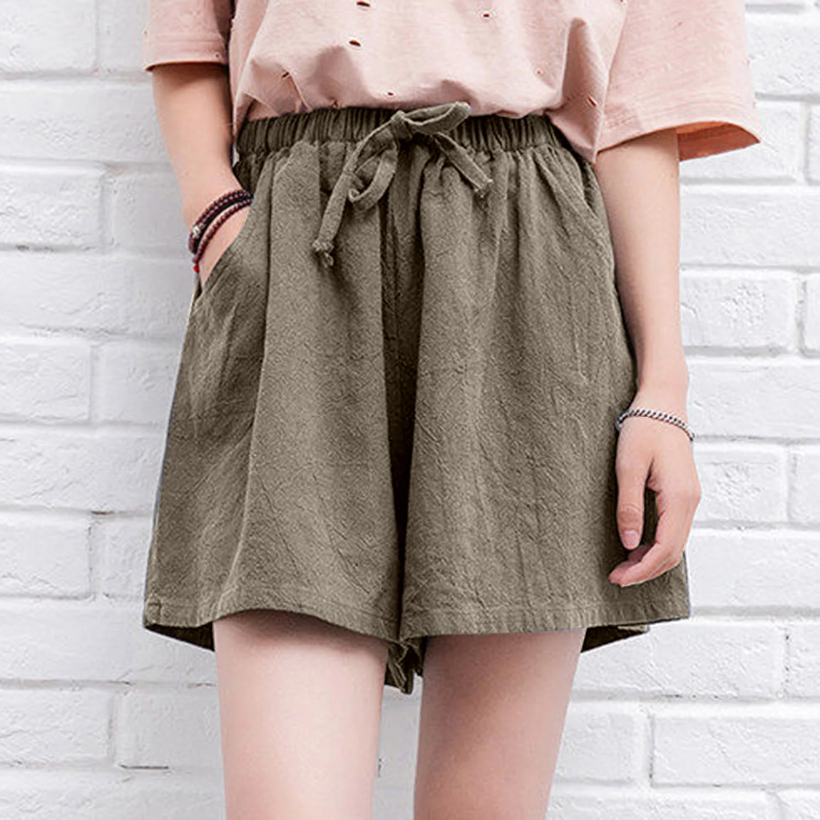 

Cotton Linen Shorts Women Summer Drawstring Gym Workout Shorts Ladies Casual Loose Wide Leg Shorts Streetwear