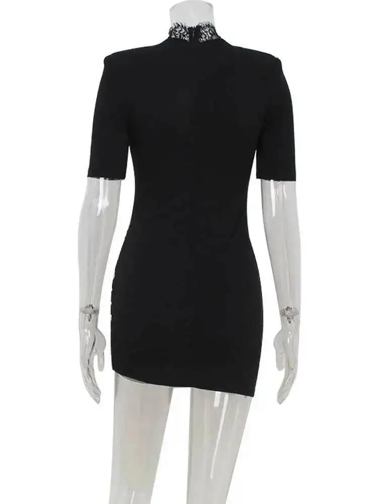 섹시한 미니 드레스 여성용 솔리드 레이스 터틀넥 슬림핏 바디콘 홀로우 아웃 반소매 스트리트웨어 베스티도스 로브 GX98