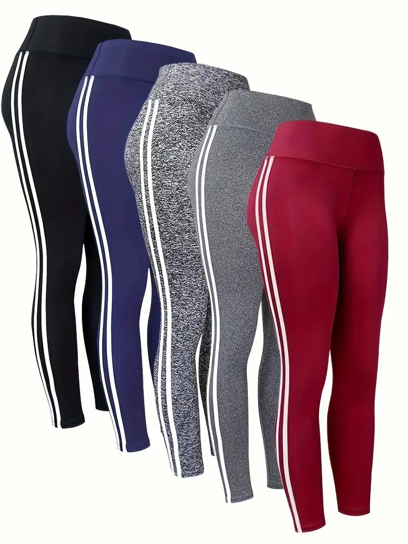 Women\'s High-waist Slimming Leggings Side Stripe Pattern Breathable Yoga Pants Sportswear Athletic Apparel