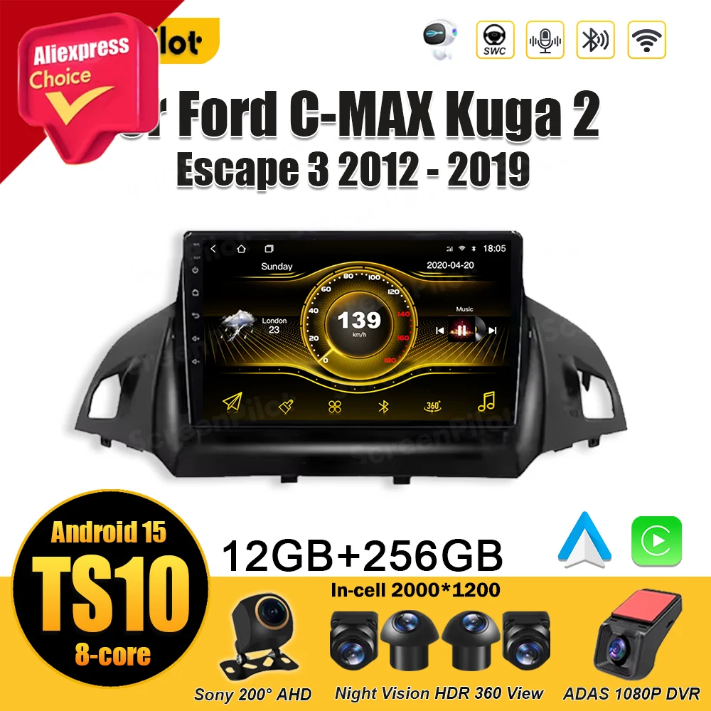 Android 15 для Ford C-MAX Kuga 2 Escape 3 2012-2019 Android Auto Mirror Link 8-ядерный мультимедийный видеоплеер 2 din Carplay RDS
