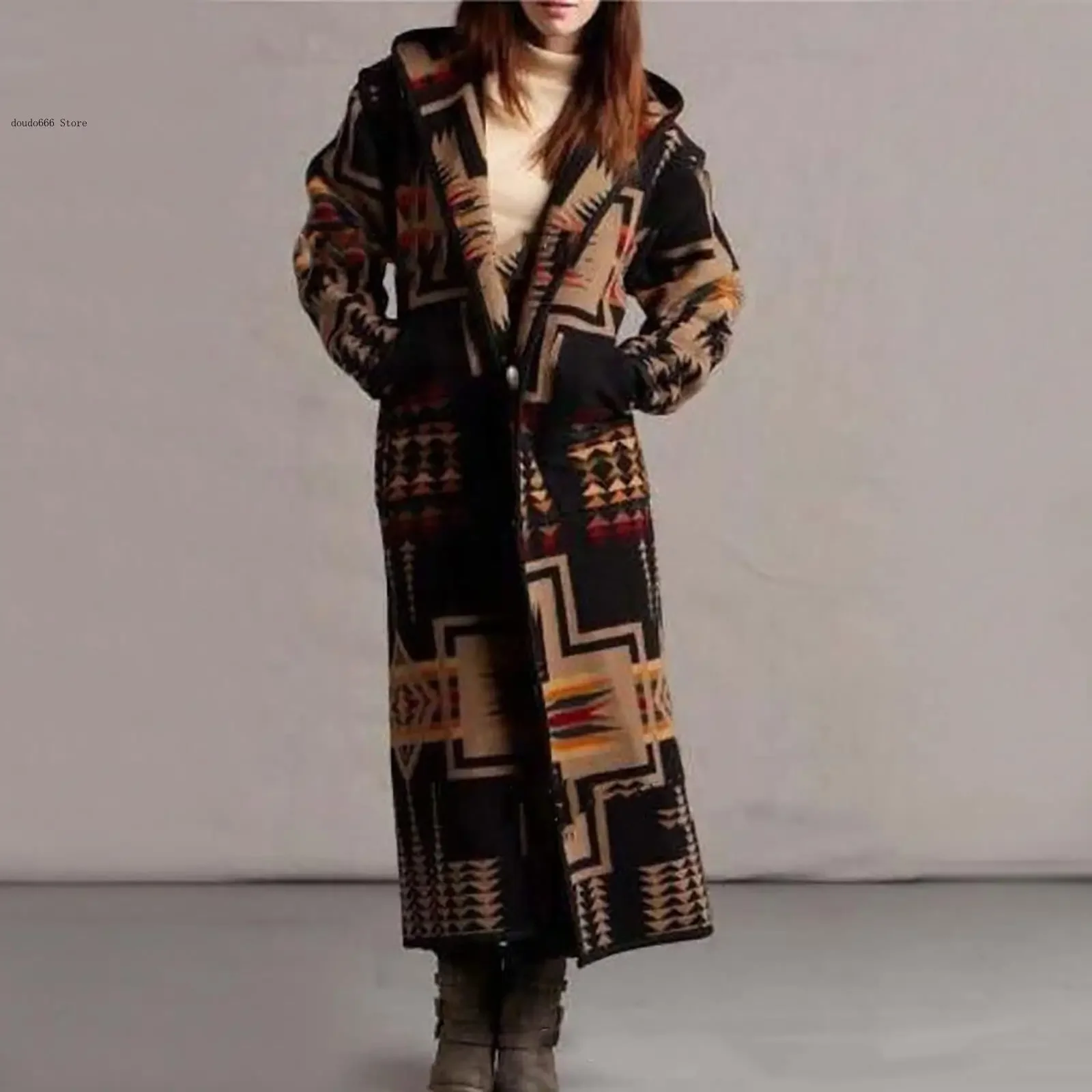 Loose Outwear Match Colors Autumn and Winter Style Womens Ethnic Style Boho Printed Hooded Long Coat