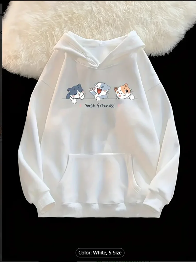 

Womens White Hoodie Three Cats Best Friends Graphic Print Casual Oversized Drawstring Hooded Sweatshirt for Cat Lovers Cotton