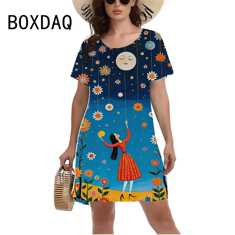 

3D Funny Girl Starry Sky Pattern Printed Dress Vintage Elegant A-Line Dress Women Summer Short Sleeve Casual Loose Mini Dress