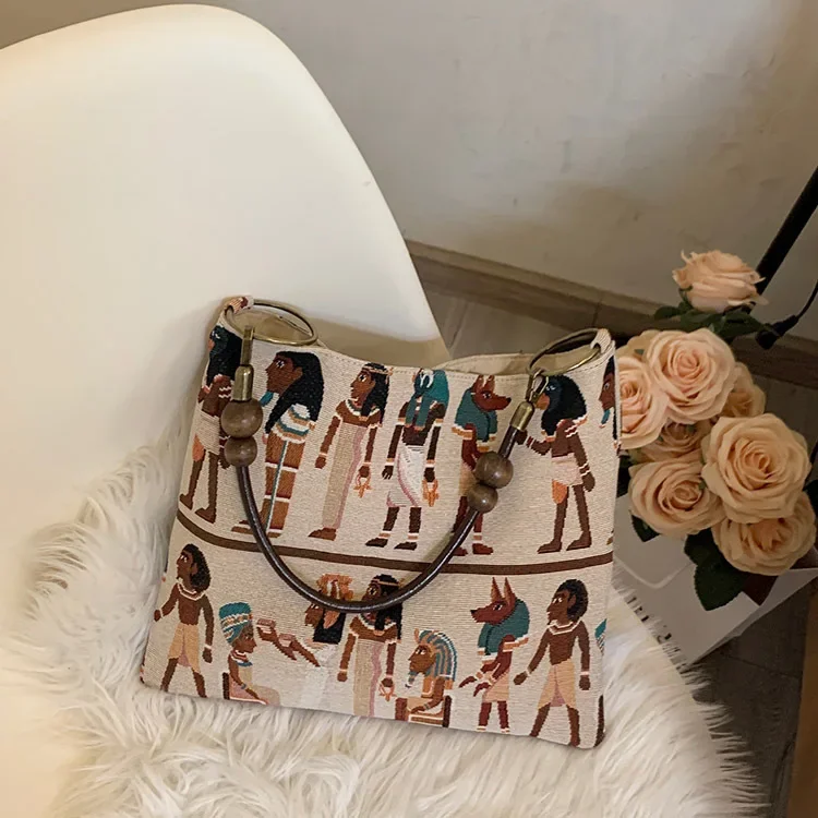 Niche retro design Interesting Pharaoh print canvas bag Autumn/Winter casual all-in-one shoulder tote underarm bag