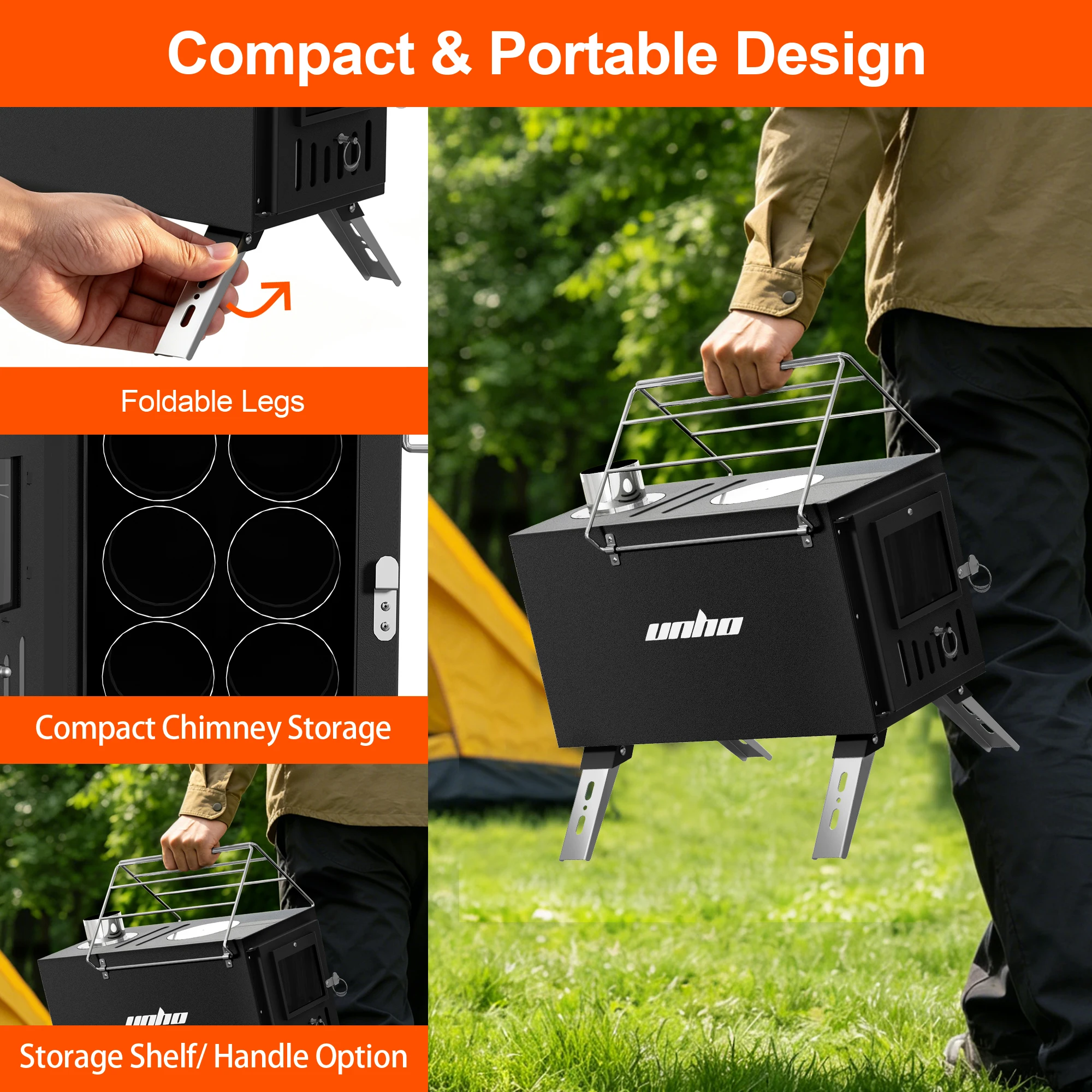 Hot Tent Stove,UNHO Wood Burning Stove,Small Wood Stove with 6 Stainless Chimney Pipes for Outdoor Heating & Cooking, Ice Fishing, Hunting ， Outdoor Camp Firewood Stove Portable Stove for Multifunctional Firewood Burner with Detachable Chimney view 3