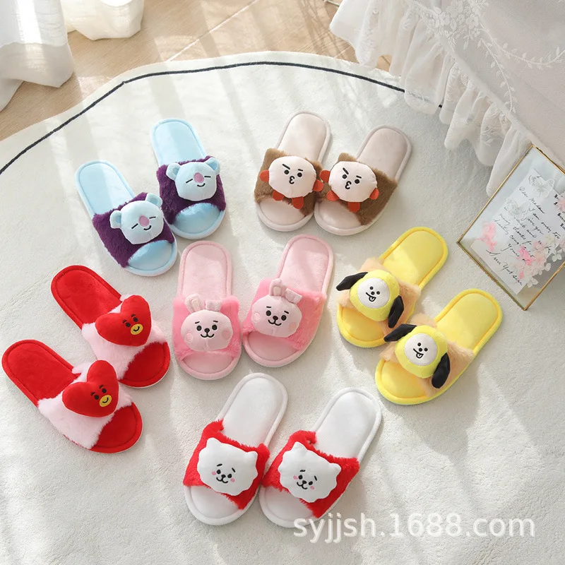 Anime Cartoon Bt21 Tata Chimmy Cooky Women's Cotton Slippers Autumn and Winter New Indoor Warm Plus Velvet Couple Plush Slippers