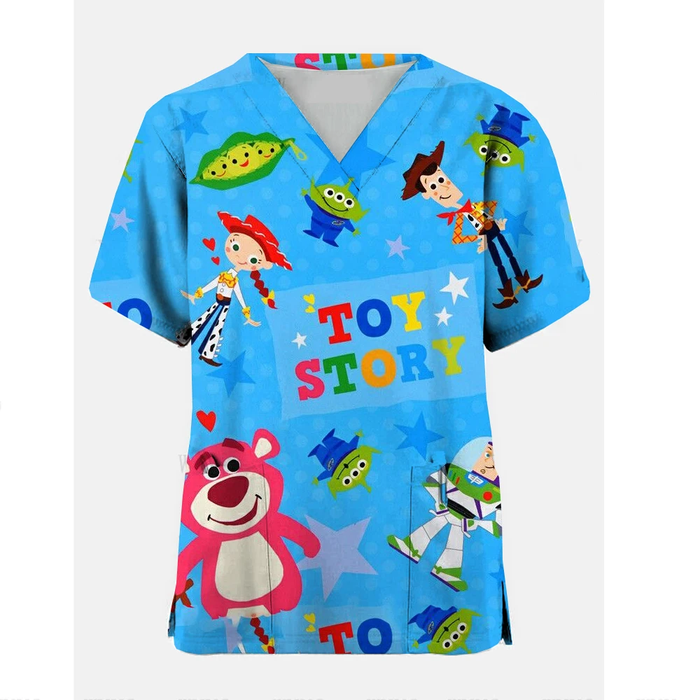 Womens Short Sleeve Nurse Scrub Tops Disney Toy Story V Neck Medical Uniforms Pet Salon Doctor Workwear Nursing T-Shirt Top Men