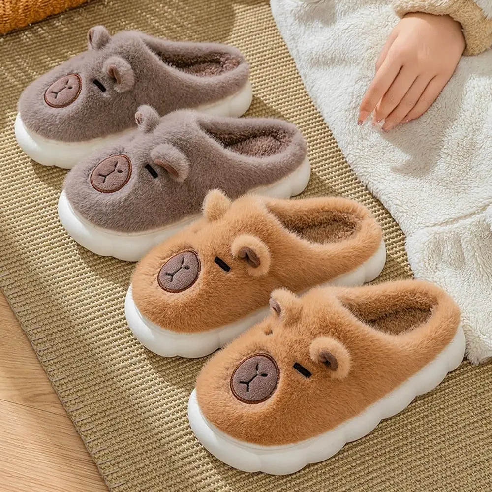 

Модные зимние тапочки с капибарой, мягкие нескользящие меховые тапочки с героями мультфильмов, милые утепленные теплые домашние хлопковые туфли, подарки