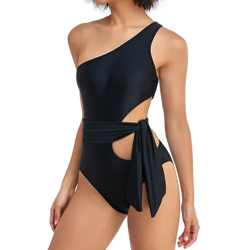 Swimsuit 2025 Trend Women Swimsuits One Shoulder Monokinis Tie Side Cut Out Bathing Suits Lace Up And Hollowed Out Solid Bikini