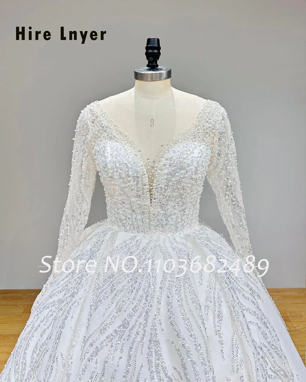 Hire Lnyer Long Sleeve Lace Up Back All Over Beading Pearls Sequins Shiny Ball Gown Wedding Dresses Real Office Photos Video