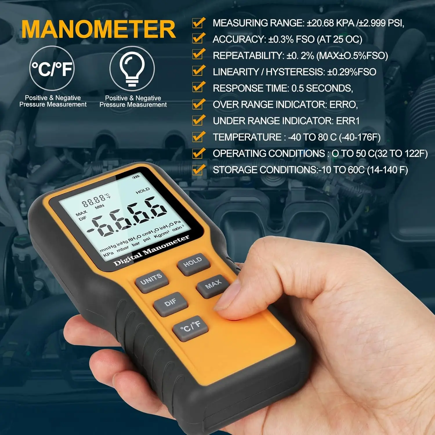 12 Units Dual-Port Digital Manometer-Gas Pressure Tester with Backlight & Data Logging,HVAC Air Pressure Meter