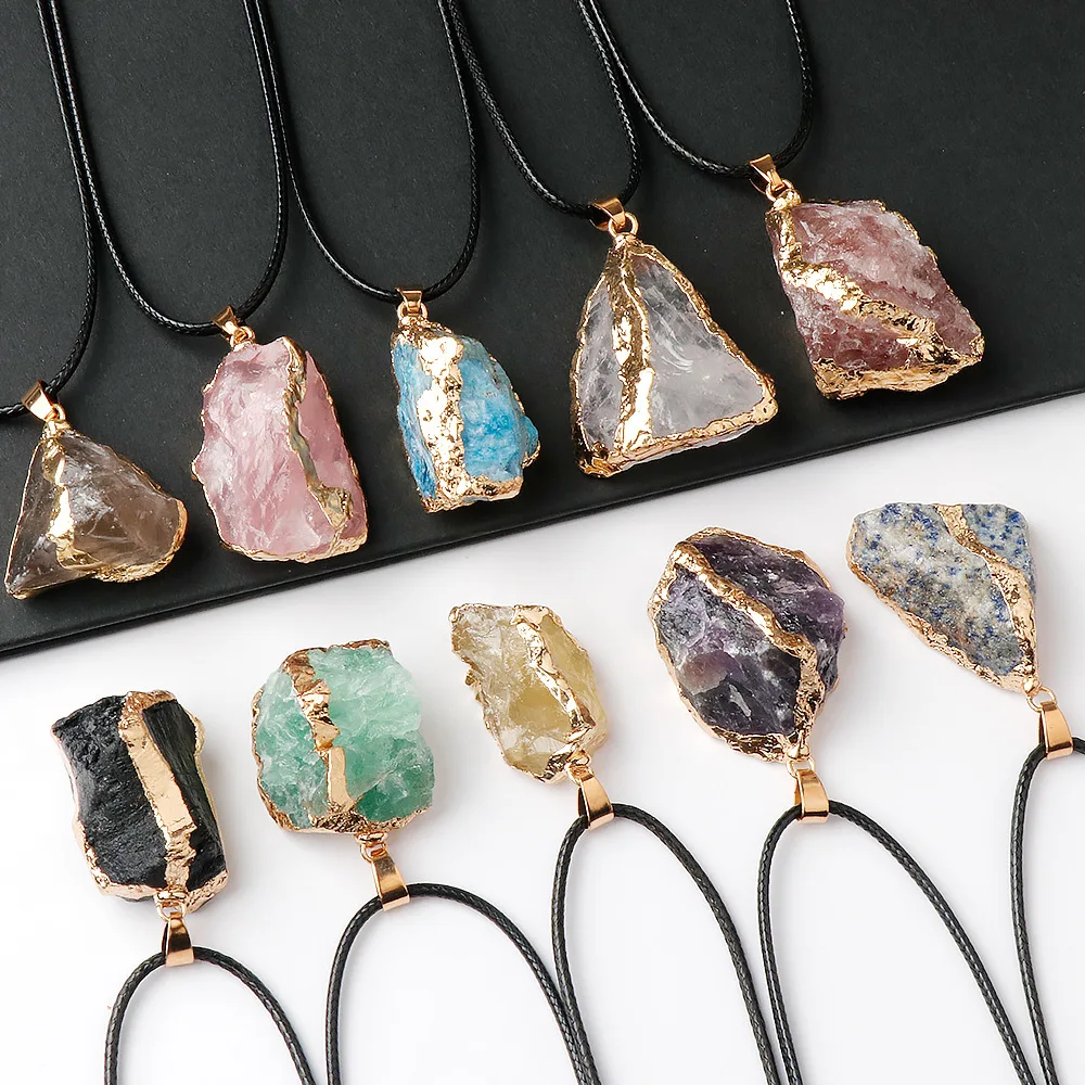 Pendentifs en Cristal Naturel Brut Irrégulier, Pierre de Guérison Reiki, Enroulée de Dorure Dorée pour Bijoux Porte-Bonheur, Méditation et Équilibre