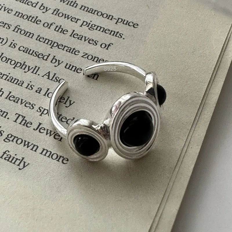 

925 Sterling Silver Rings For Women Geometric Fine Jewelry Finger Adjustable Simple Black Stone Bal Ring For Party Birthday Gift