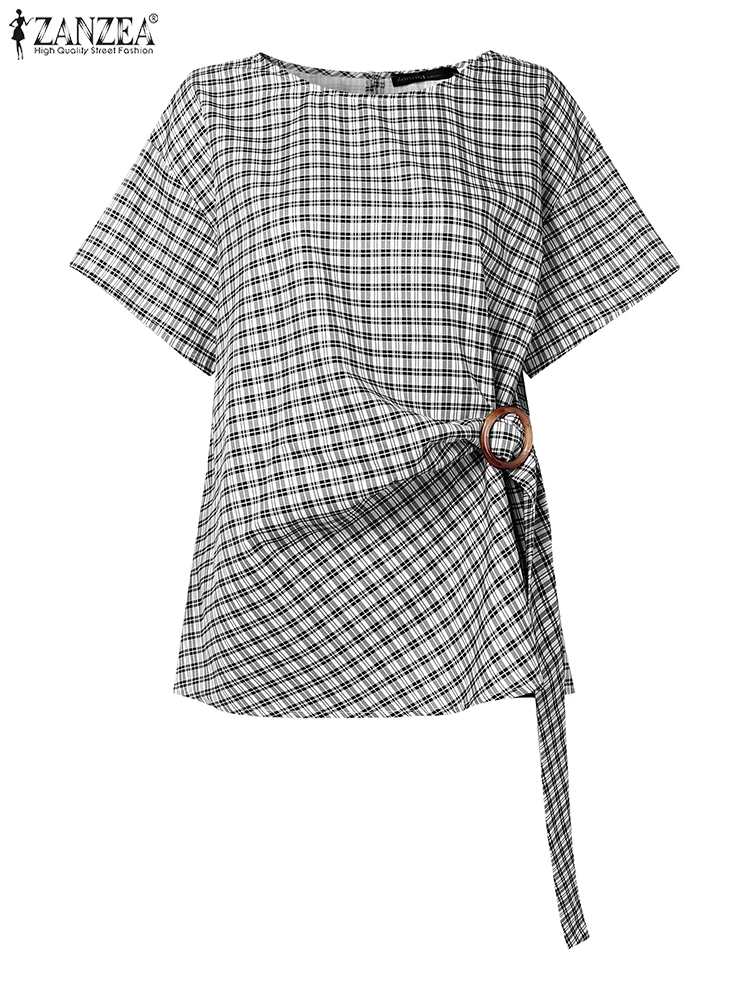 Eleganckie bluzki do pracy z krótkim rękawem OL ZANZEA dla kobiet, stylowe letnie koszule, codzienne bluzki w paski, modne bluzki na wakacje ze sznurowaniem, 2025