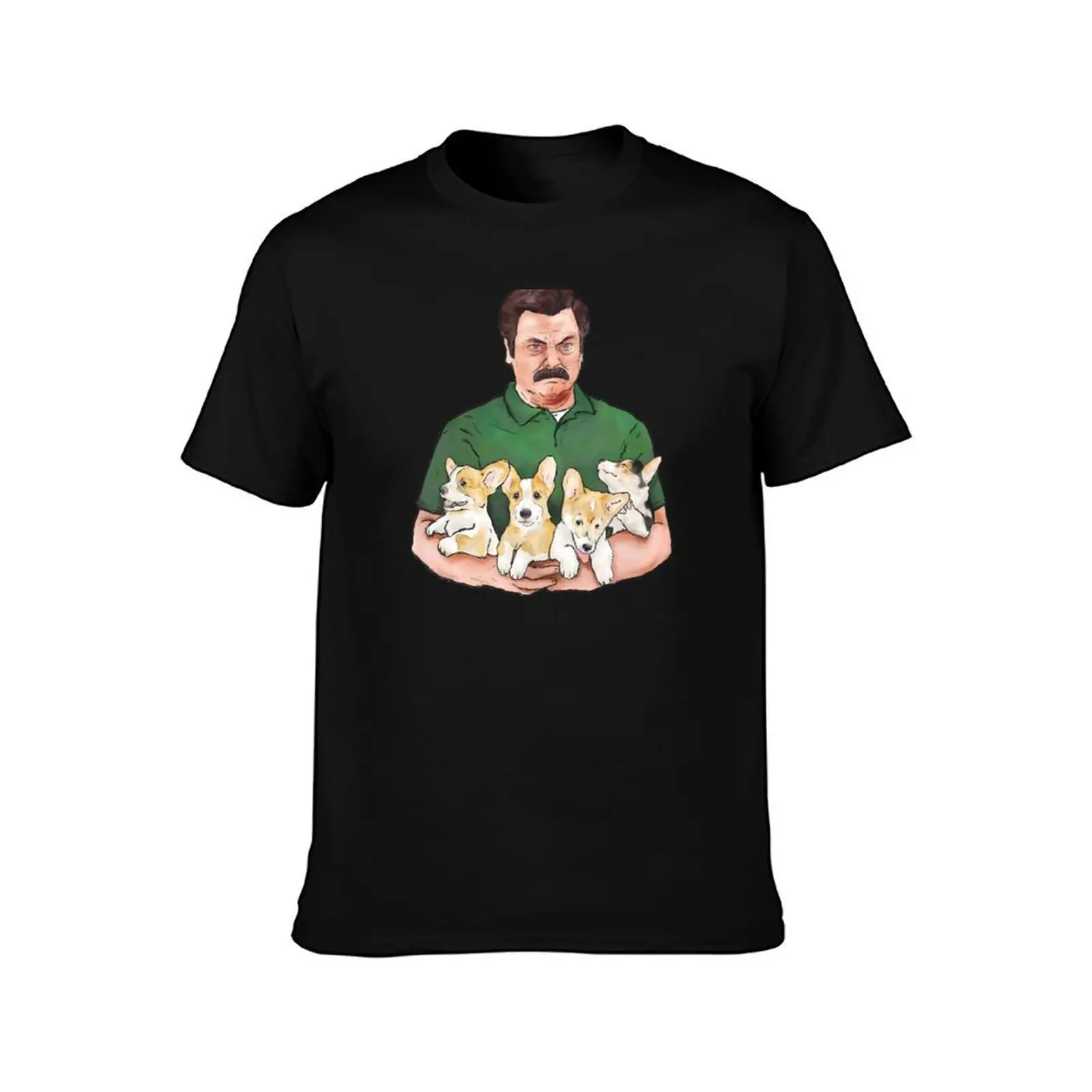 Ron Swanson Holding Corgi Puppies T-Shirt, Summer Casual Cotton Tee, Oversized Streetwear Tops, Vintage Graphic Print