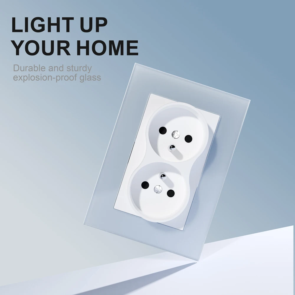 European standard 86*86mm tempered glass double French socket 16A with ce certification 110-250V