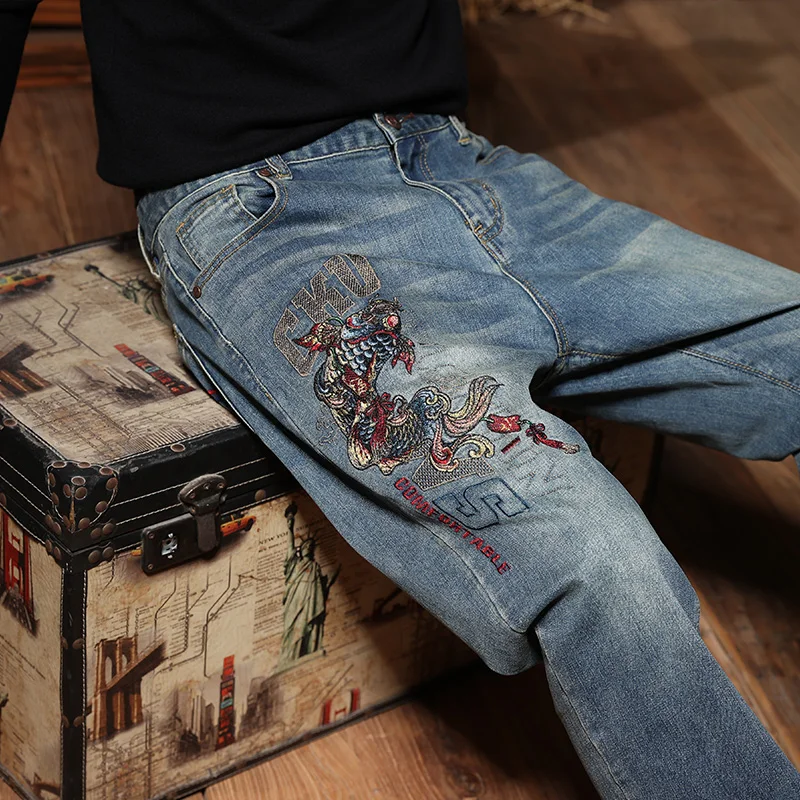 

Faionable Embroidered Men's Jeans Autumn Winter Elastic Straight Leg Long Pants Casual Versatile Loose Fit Youthful Sle