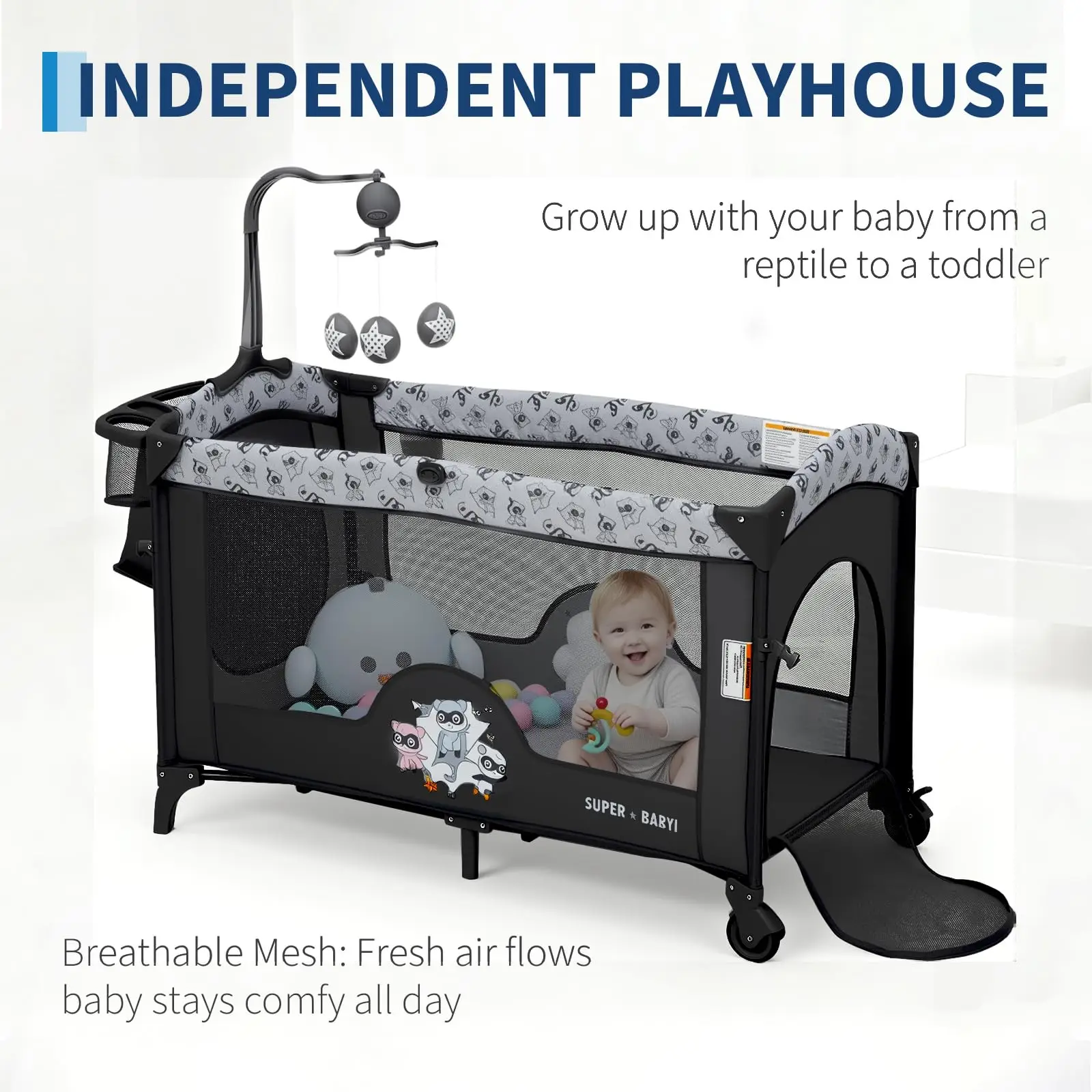 4-in-1 Babybett, Reisebett und Beistellbett mit Wickeltisch, feststellbaren Rädern und Spielzeugbogen für Neugeborene bis Kleinkinder