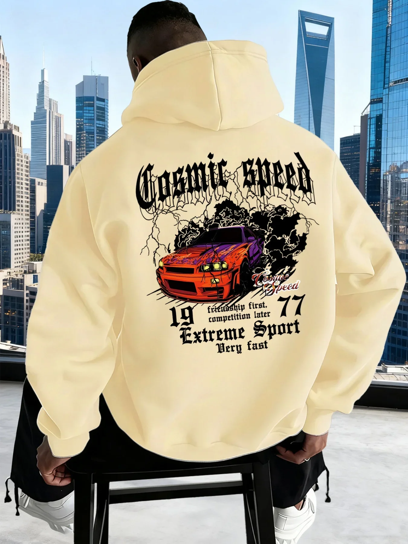 Vintage Street Racing Cosmic Speed Modified Sports Car Graphic Hoodie for Boys Girls Gothic Letter Art Double Sided Print Loose