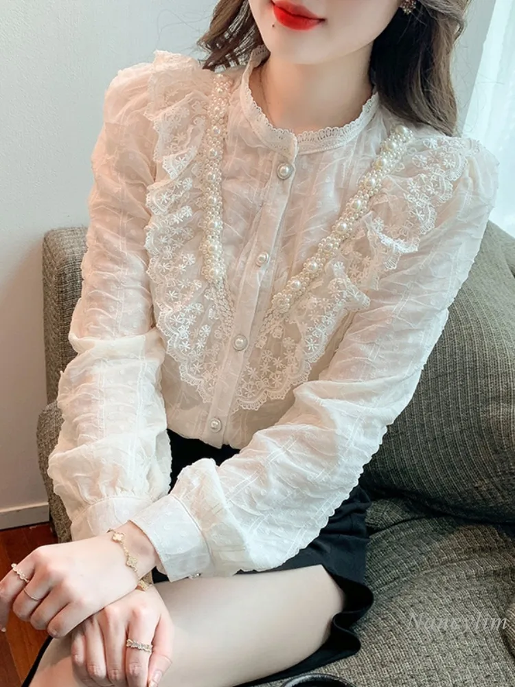 

European Long-sleeved Chiffon Blouse Women's Autumn Apricot Shirt 2024 New Design Top High-end Beaded Lace Blusas Underwear Tops