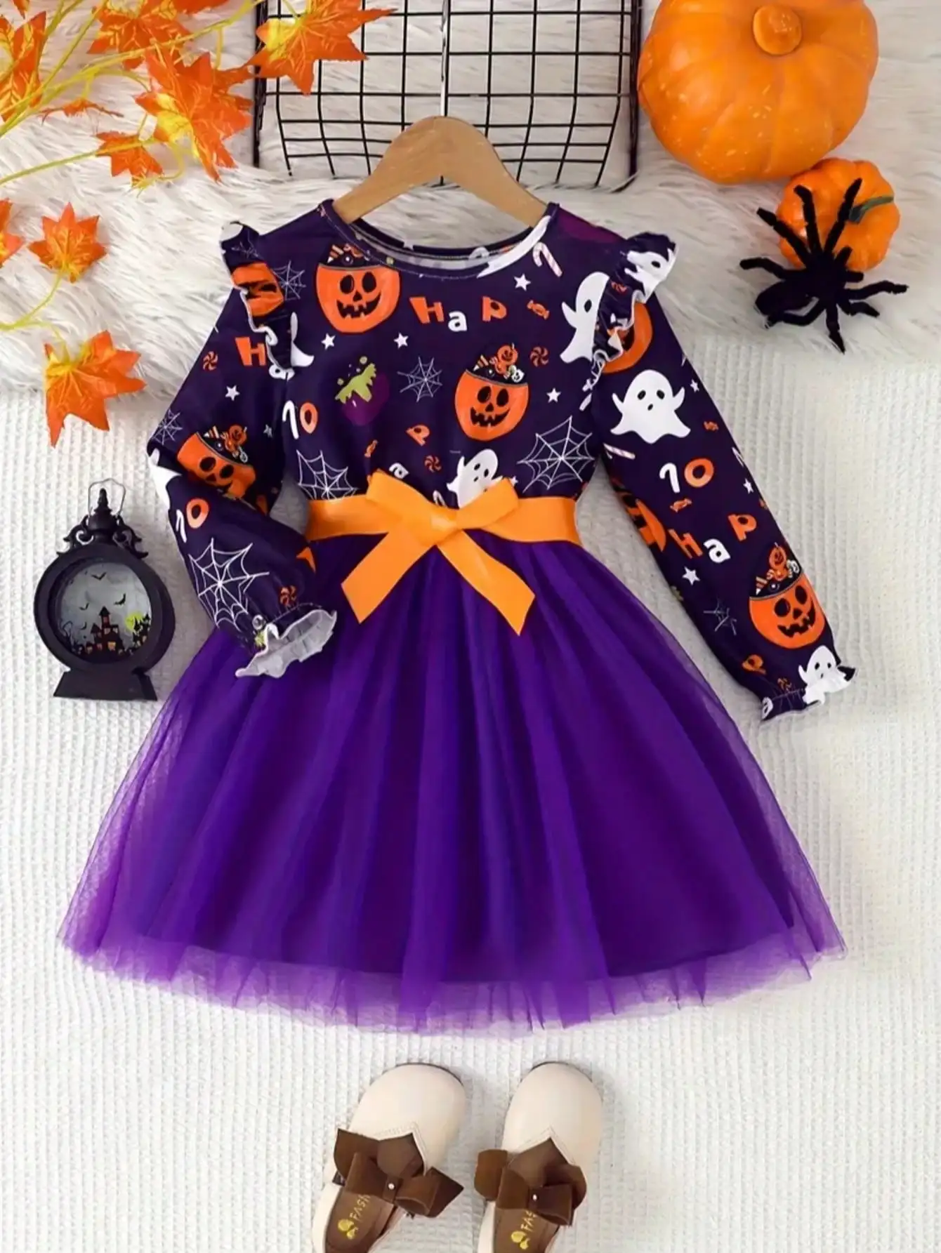 Langärmeliges Halloween-Kleid aus Netzstoff für Kinder mit Kürbis- und Geistermuster, Rundhalsausschnitt, mittellanger Rock für Kinderkostüme – Detail 3