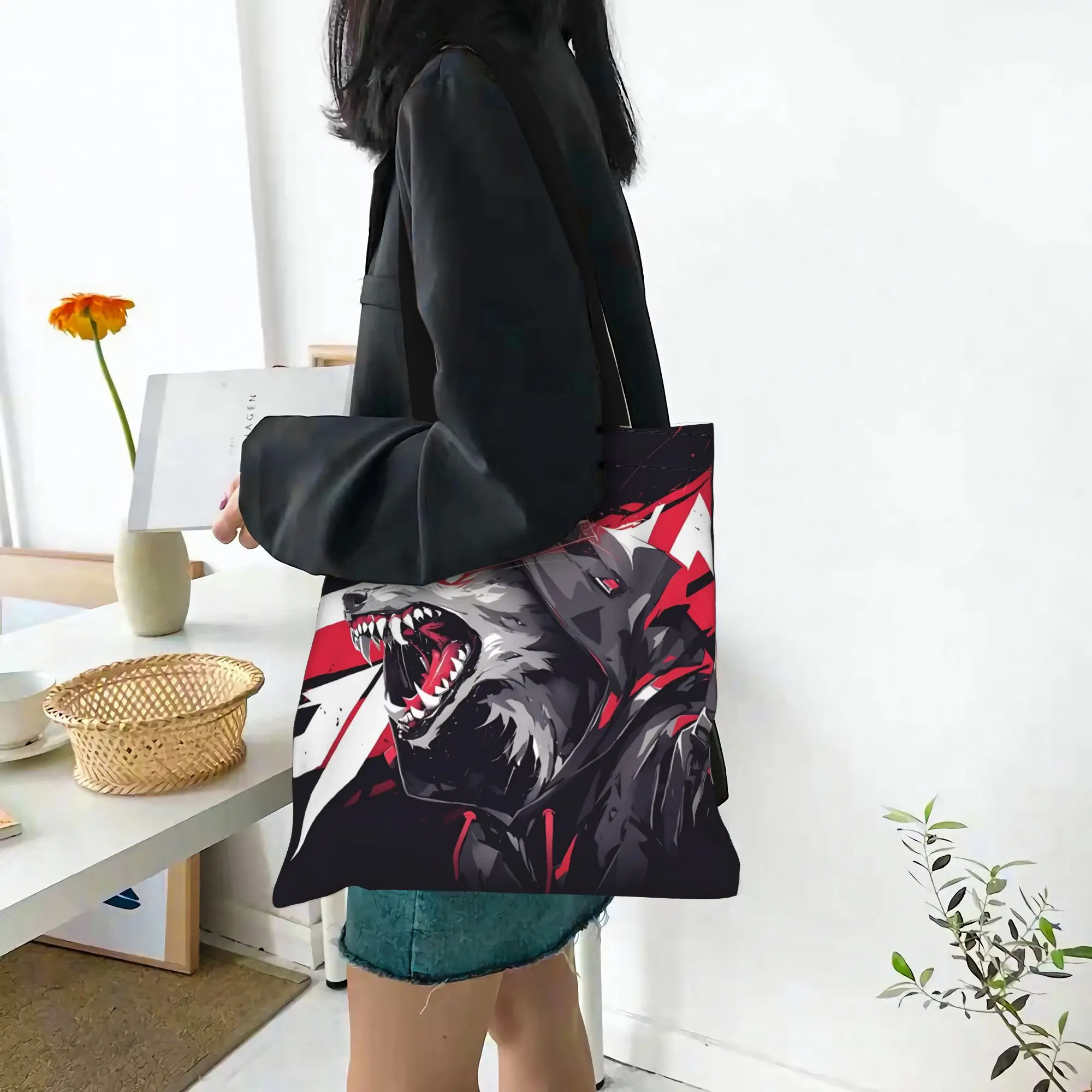 Customized Cool Wolf Pattern Wolf spirit Women's Bag Shopping Bag Reusable Double Sided Canvas Tote Bag Shoulder  Handbag