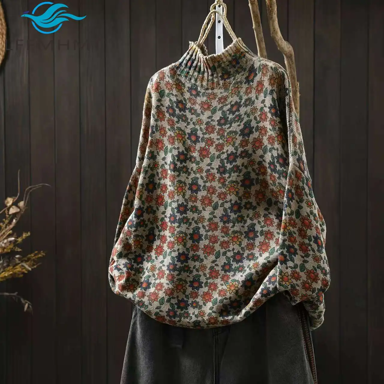 

Осенне-зимний винтажный хлопковый вязаный свитер с принтом для женщин, с воротником-стойкой, повседневный, свободного кроя, трикотажный пуловер, топ для женщин