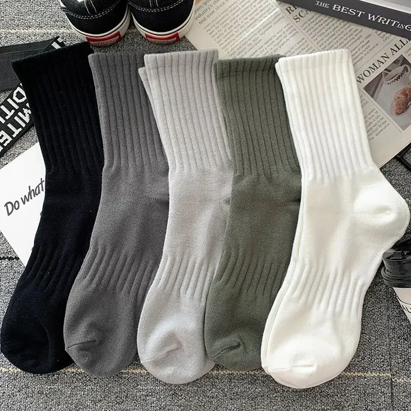 5 Pairs Men Black White Warm Socks Autumn Winter Male Breathable Solid Color Sport Long Middle Tube Casual Socks for Men