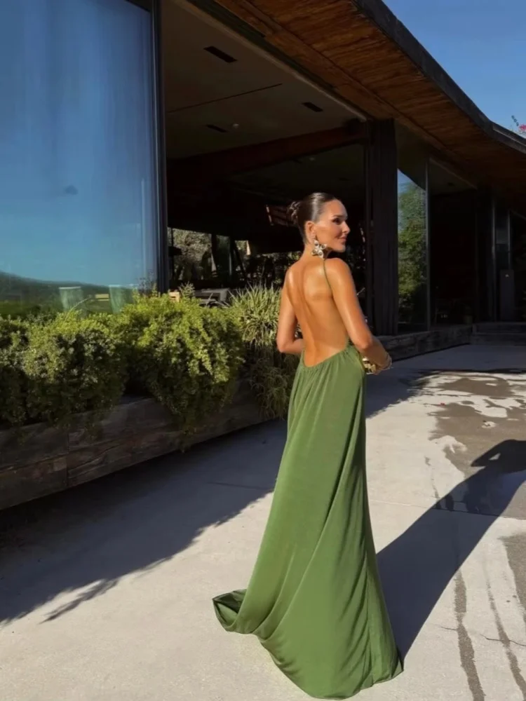 Backless Ruched Floor Length Evening Gown Halter Neck Green Long Formal Dress For Women Wedding Guest Prom Party