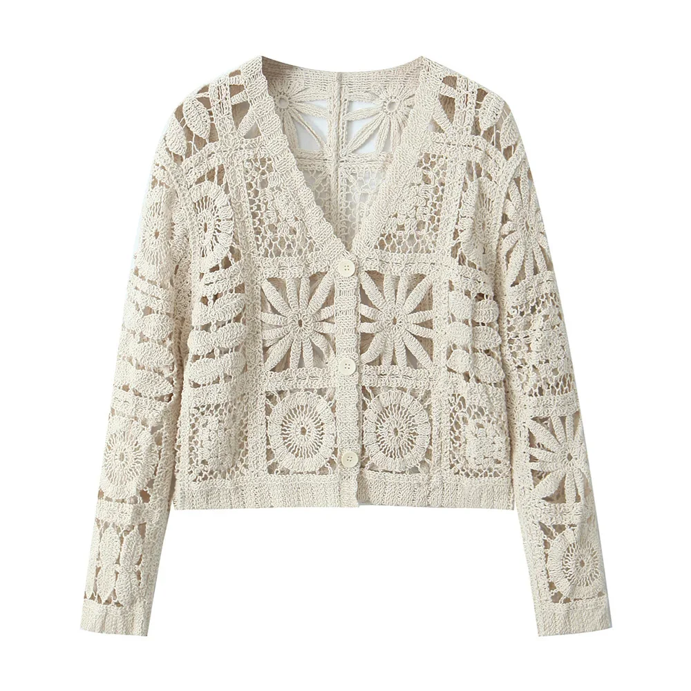 BWQ Spring/Summer New Women\'s Forest Style Lazy Hollow Hook Flower Knitted Cardigan Knitted Pants Set