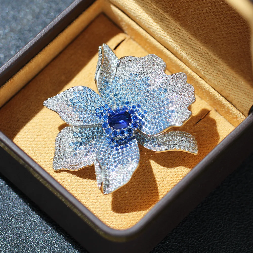 Light Luxury High-end Micro Inlaid Zircon Blue Flower Brooch for Women Grand Elegant Corsage Coat Accessories Pin Holiday Gift