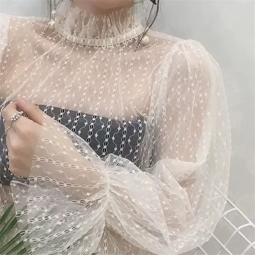 2023 New Women Long Sleeve Blouse Elegant Summer Lady Lace Blousas Sweety Girl Hollow Out Floral Shirt Bottomings Pullovers 2186