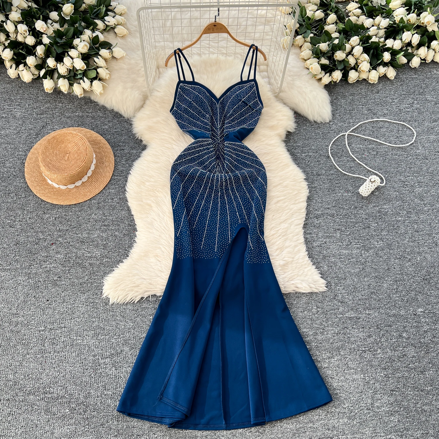 Elegant Sleeveless Vintage V-neck Glitter Rhinestone Slim Split Mermaid Straps Long Dresses Evening High Street Autumn Clothing