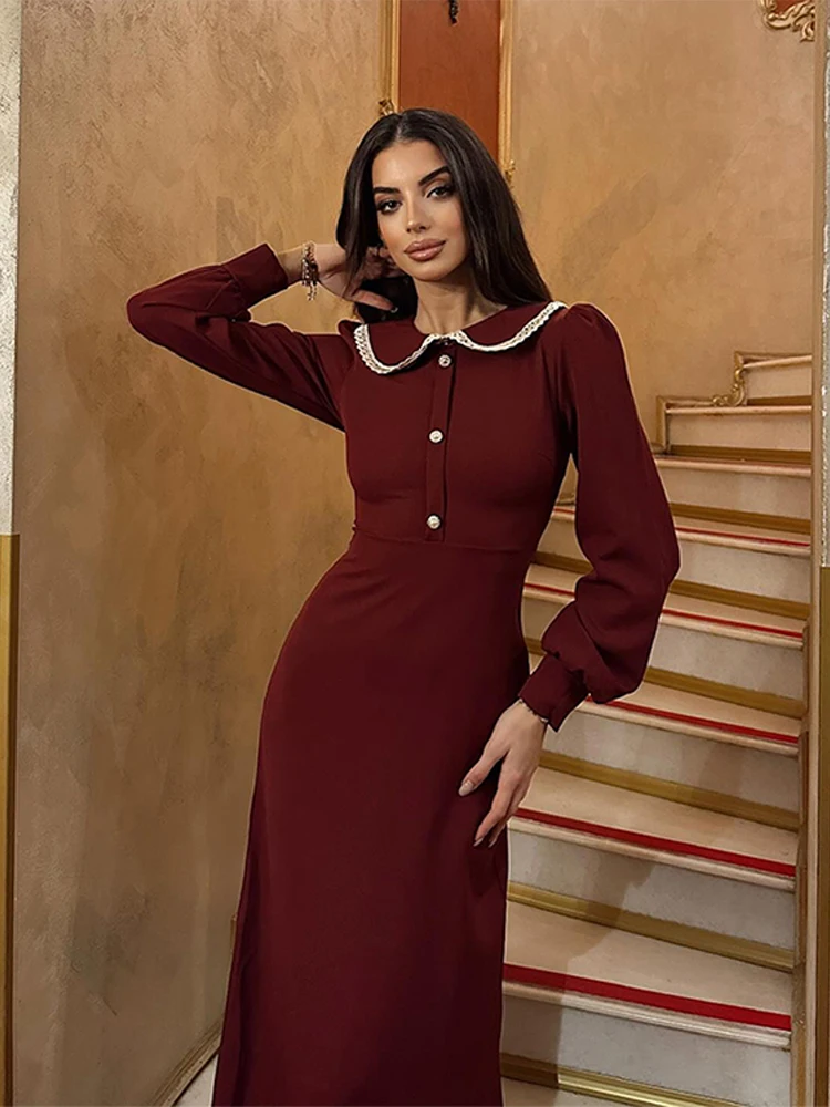 Panelled Peter Pan Collar Long Dress Women Slim Fit Solid Long Sleeved Single Breasted Dress Female Spring Office Chic Robes ﻿