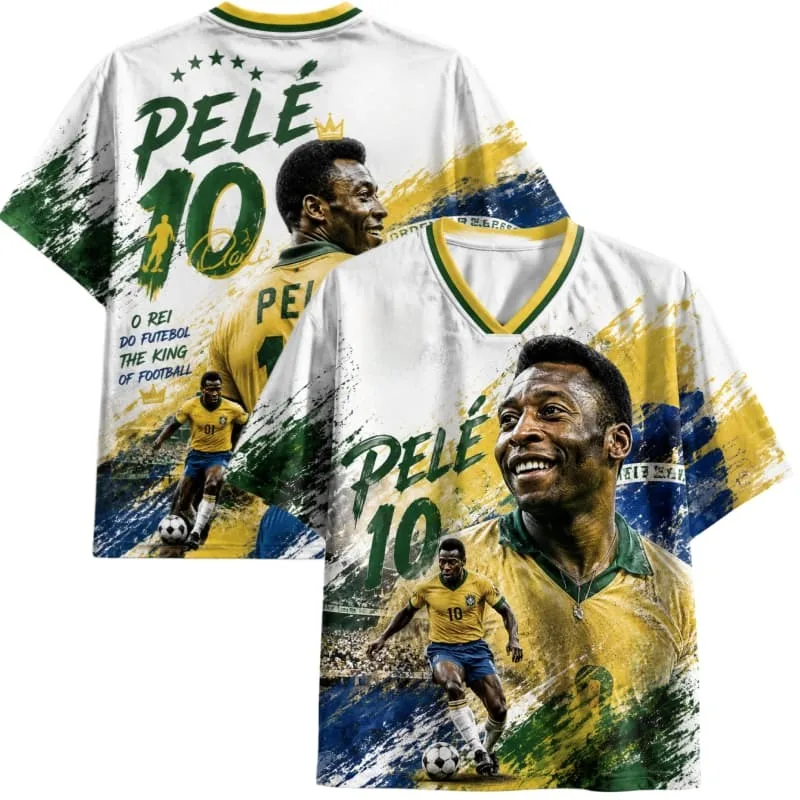 2026 New Brazilian Football King Pelé No. 10 Legendary Jersey, V-neck Short Sleeve, Unisex Casual Sports T-Shirt Family Matching
