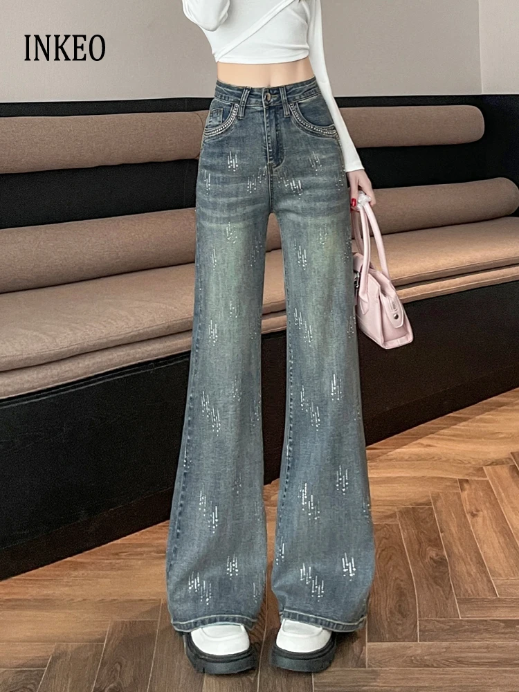 

Винтажные джинсовые брюки со стразами и высокой талией, тонкие, хорошие, эластичные, новинка 2025, стильные прямые брюки, синие джинсы Y2k Street 5B009