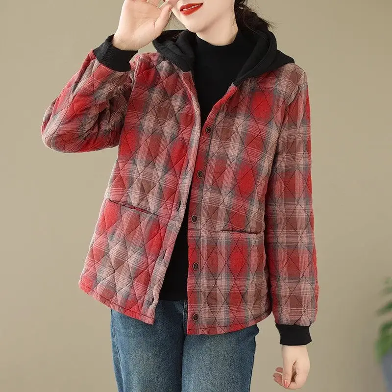 2023 Autumn/Winter Quilted Jacket Women\'s Art Retro Large Size Loose Thickened  Warm Plaid Short Linen Cotton Jacket Z3635