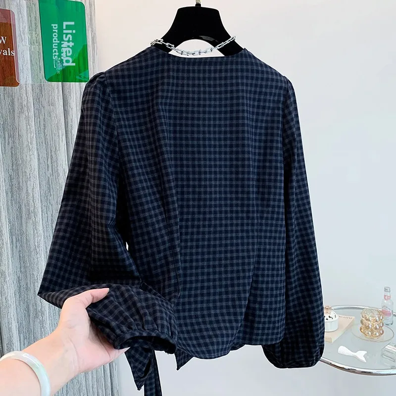 여성용 체크무늬 긴팔 셔츠 라운드넥 허리끈 디자인 면 폴리에스터 혼방 오리지널 디자인 슬림핏 탑 봄 가을 신상