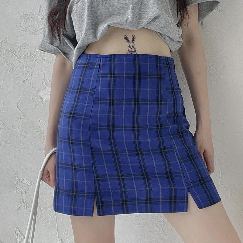 

XS-5XL New Spring High Street Women Skirt Retro Double Slit Plaid Tennis Skorts Female Sexy High Waist Mini Faldas Ropa Mujer